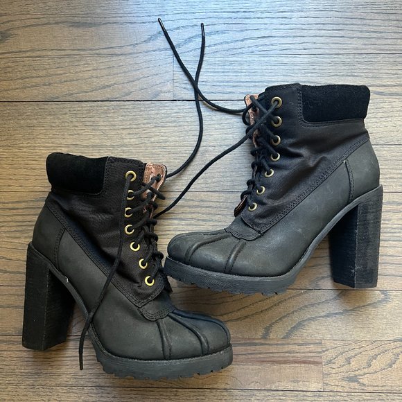 Lucky Brand Laverne Lace-Up Chunky High Heel Ankle Duck Booties Black Size 8.5M - Picture 2 of 12